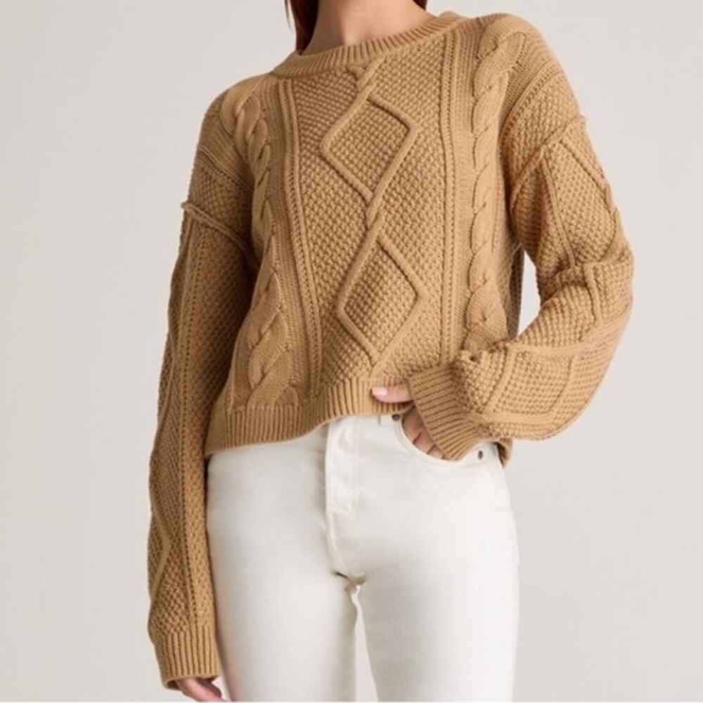 Quince 100% Organic Cotton Cropped Chunky Cable Crew Sweater Neutral Camel XS